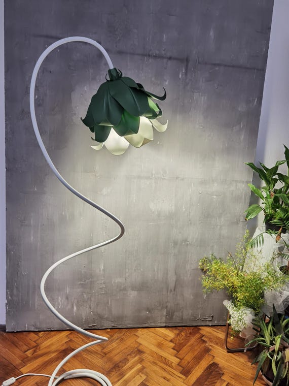 Green and white bluebell shaped floor lamp, Adjustable minimalist lights, flower accent,coyz home nights,reading corner lamp, bookworm gifts