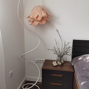 Modern floor lamp for warm,elegant home,Powder rose/beige standing lamp, bluebell shaped light shade, Unique housewarming or birthday gift, image 8