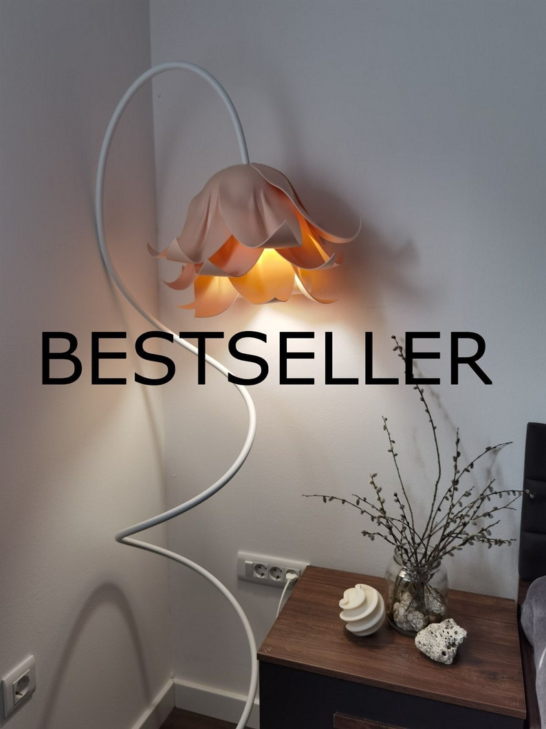 Modern floor lamp for warm,elegant home,Powder rose/beige standing lamp, bluebell shaped light shade, Unique housewarming or birthday gift, image 1