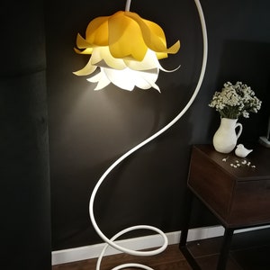 Elegant and unique floor lamp for living room, yellow and white lamp accent, white flower accent, minimalist bluebell lights, gift for her image 6