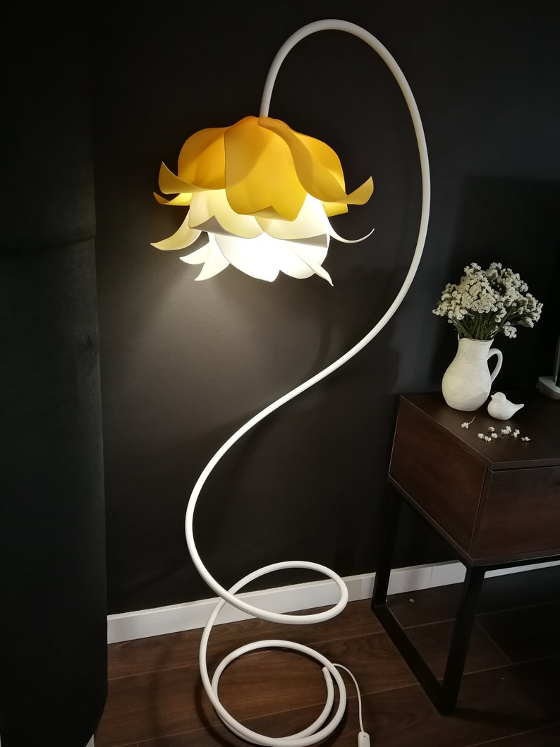 Elegant and unique floor lamp for living room, yellow and white lamp accent, white flower accent, minimalist bluebell lights, gift for her image 6