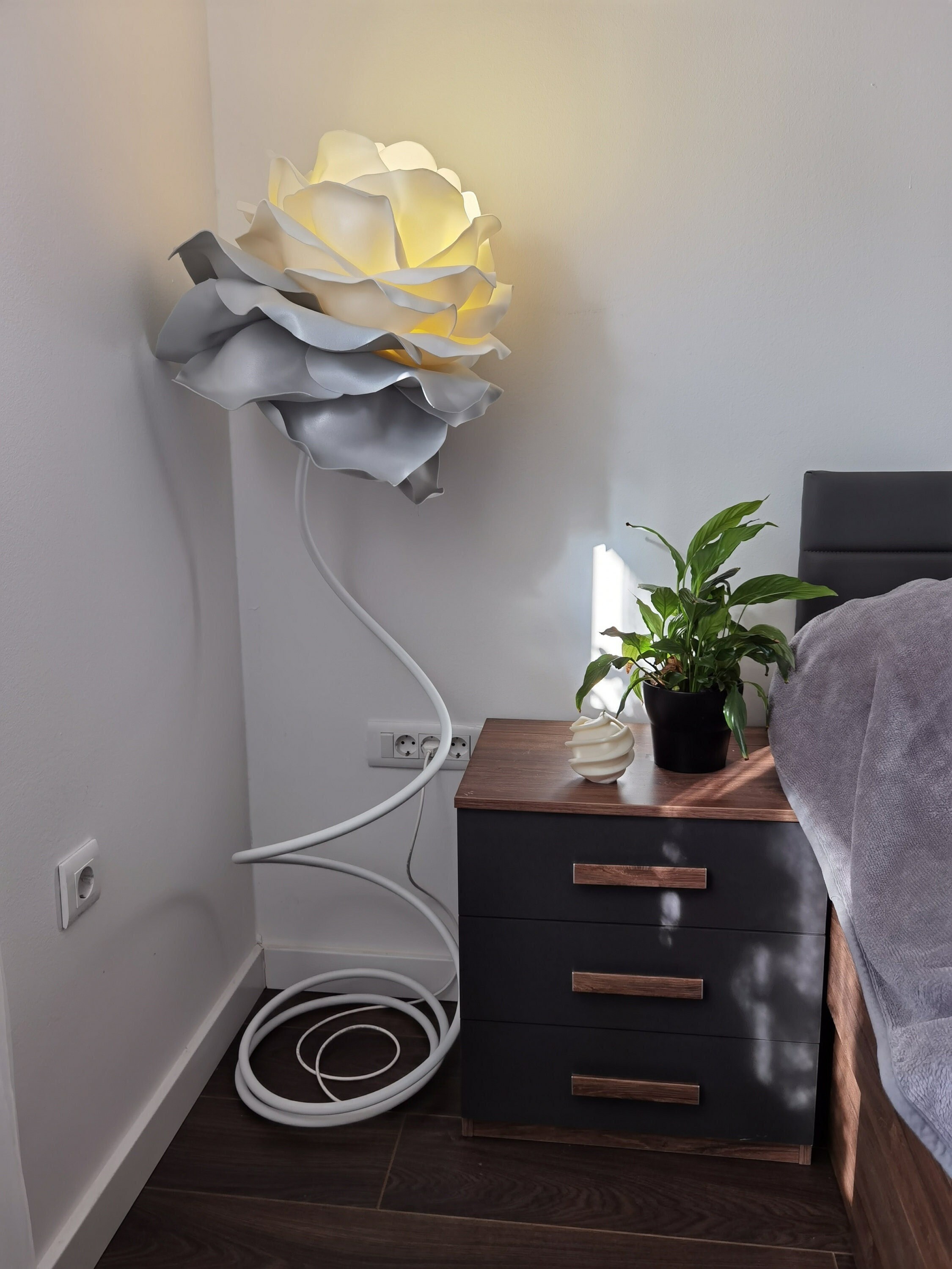 Elegant and unique floor lighting - floor rose lamp - white grey silver flower accent - minimalist decor lights - expecting mom gift