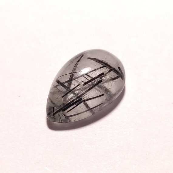 Black Rutilated Quartz Cabochon: Natural Rutile Gemstone, Pear Shape