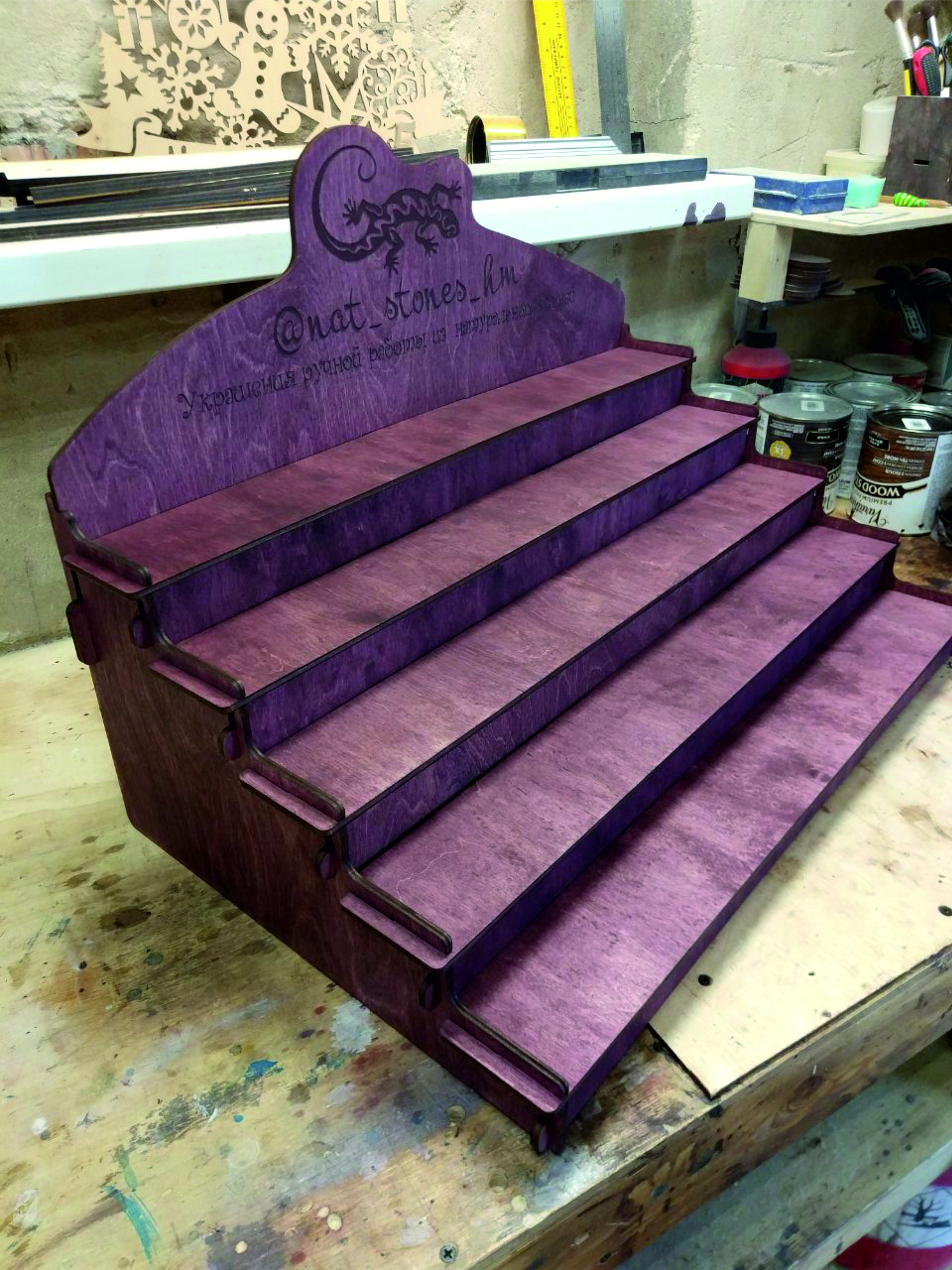 Retail craft show displays stand. Wooden shelves. Craft fair Etsy