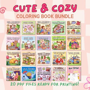 Puede incluir: Un paquete digital de 20 libros para colorear titulado Cute & Cozy Coloring Book Bundle, que presenta varias portadas ilustradas con personajes de dibujos animados, animales y escenas. La colección incluye títulos como Girl Moments, Cozy Vibes y How to Draw 101 Cute Stuff, todos presentados en un diseño de cuadrícula para imprimir.