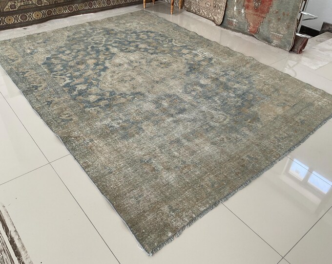 7x9 Vintage Persian Wool Rug 6.6x8.9 Ft: Distressed Blue Beige Boho ...