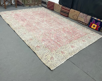 Vintage Turkish Oushak Rug 7x10: Distressed Pink Woven Area Rug