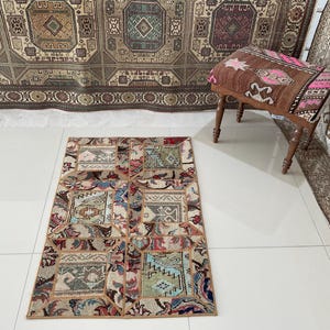 Mini alfombra de lana anudada a mano: Alfombra de patchwork arcoíris de 2x3