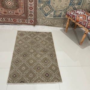 Beige Brown Small Doormat Rug, 2x3 Bathroom Decor Rug, Livingroom Decor Rug, Handmade Vintage Rug, Oushak Rug, Natural Wool Rug, Minis Rug