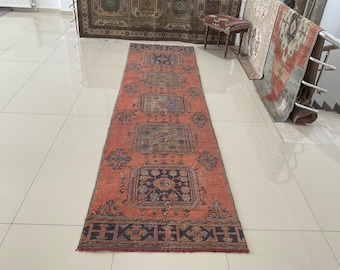 Handwoven Turkish Runner Rug: 2.9x11.1 ft, Neutral Red Oushak, Vintage Boho Decor, 3x11 ft