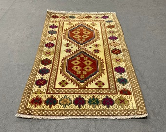 Pequeña alfombra Turkısh Oushak, alfombra turca vintage, alfombra de baño de pies, alfombra beige y roja, alfombra de la sala de estar, alfombra del dormitorio, alfombra boho, alfombra de lana