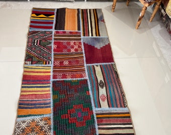 Vintage Turkish Patchwork Wool Rug: Boho Hallway Runner