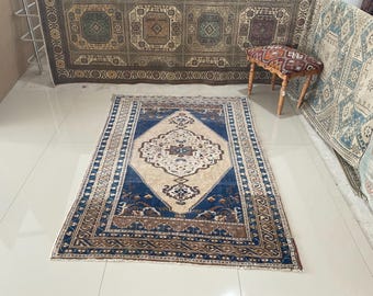 4x6 Vintage Handwoven Wool Rug: Beige, Blue Oriental Oushak Design