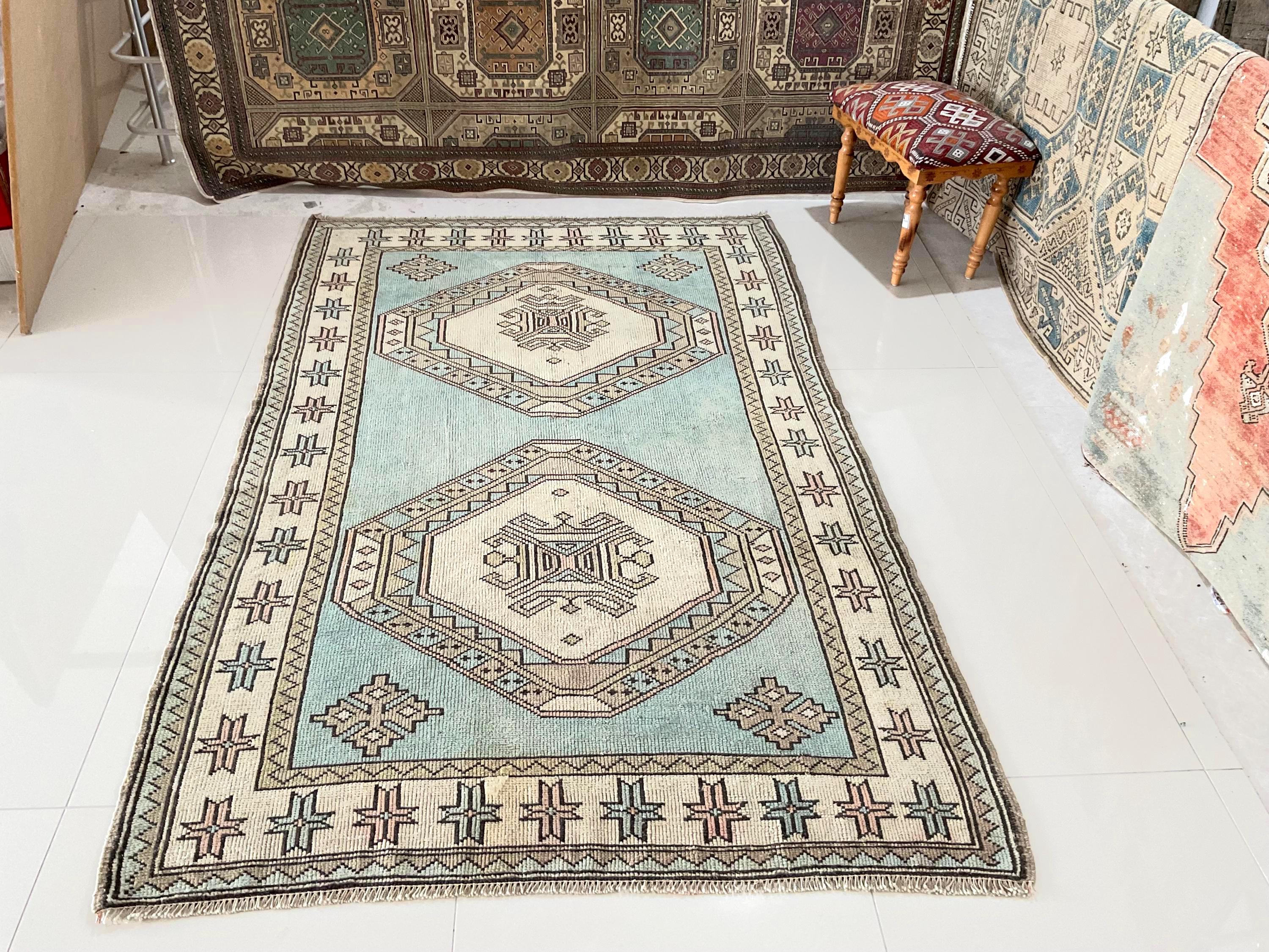 Vintage Turkish Wool Rug: 4.5 X 7.3 Ft, Blue Geometric Area Rug