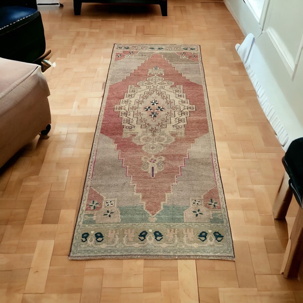 3x7 Ft Beige Red Small Runner Rug, Handmade Runner Rug, Antique Runner, Flowers Desing Rug, Livingroom Entry Kids Kitchen Room Decor Rug