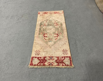 Alfombra pequeña Oushak, alfombra turca vintage, alfombra de baño de pies, alfombra beige y roja, alfombra de sala de estar, alfombra de dormitorio, alfombra boho, alfombra de lana