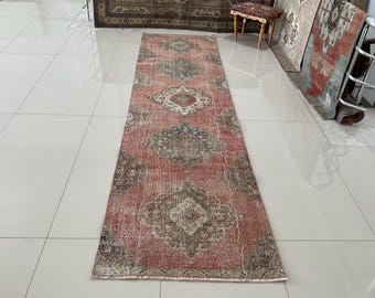 3x11 Vintage Red Turkish Runner Rug – Handwoven Wool, Distressed Boho Carpet