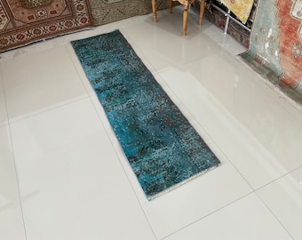 Alfombra turca teñida en azul: Alfombra bohemia vintage Oushak (0,6 x 1,8 m)