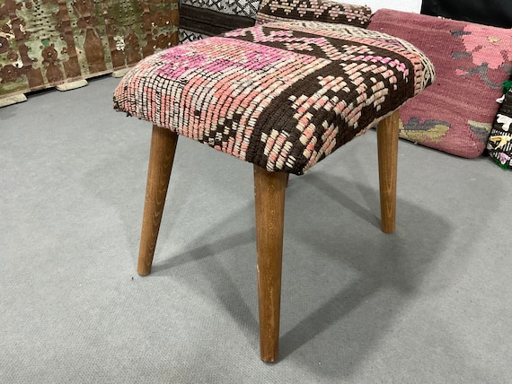 Pink Turkish Rug Bench: Handmade Ottoman Coffee Table