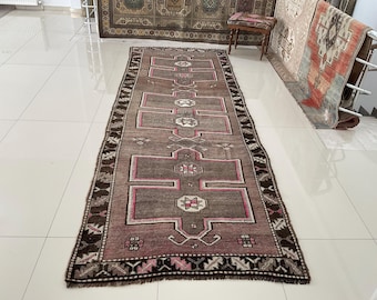 Brązowy chodnik do korytarza, dywanik vintage, dywanik Oushak, chodnik kuchenny, dywanik do korytarza, turecki dywan 4x10, dywan vintage 4x10, dywan Oushak