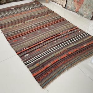 Vintage Turkish Kilim Rug 4.9x8.7 ft – Multicolor Striped Flatweave Carpet – Handwoven Boho Tribal Kilim – Anatolian Wool Area Rug
