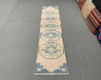 Vintage Oushak Wool Runner Rug, Faded Turkish 2x7