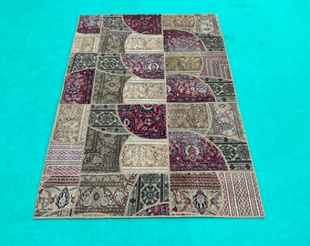 4x6 Vintage Turkish Patchwork Rug: Handknotted Wool Area Rug