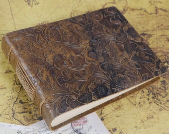 Cadeau pour artiste, carnet de croquis en cuir, carnet de croquis kraft, livre de dessins personnalisé, livre de peinture de fleurs en relief, carnet de voyage