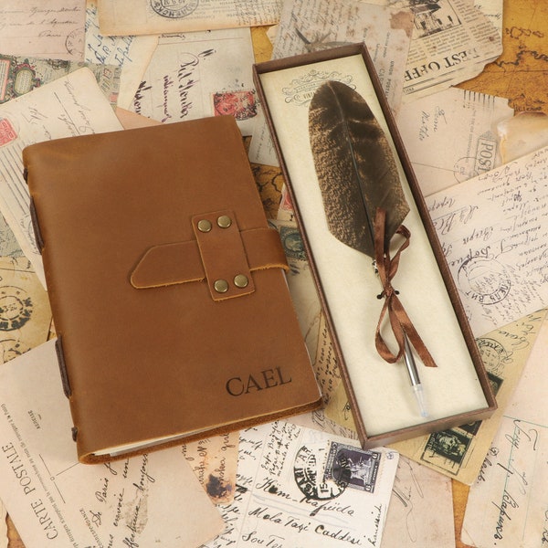 Personalized Leather Journal with Feather Pen, Gift for Students, Rustic Leather Journal Notebook, Teacher Gift, Personalized Notepad