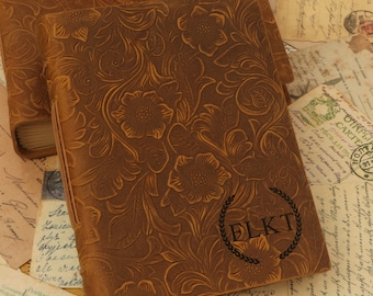 Journal en cuir personnalisé : carnet de croquis floraux en relief, pages kraft