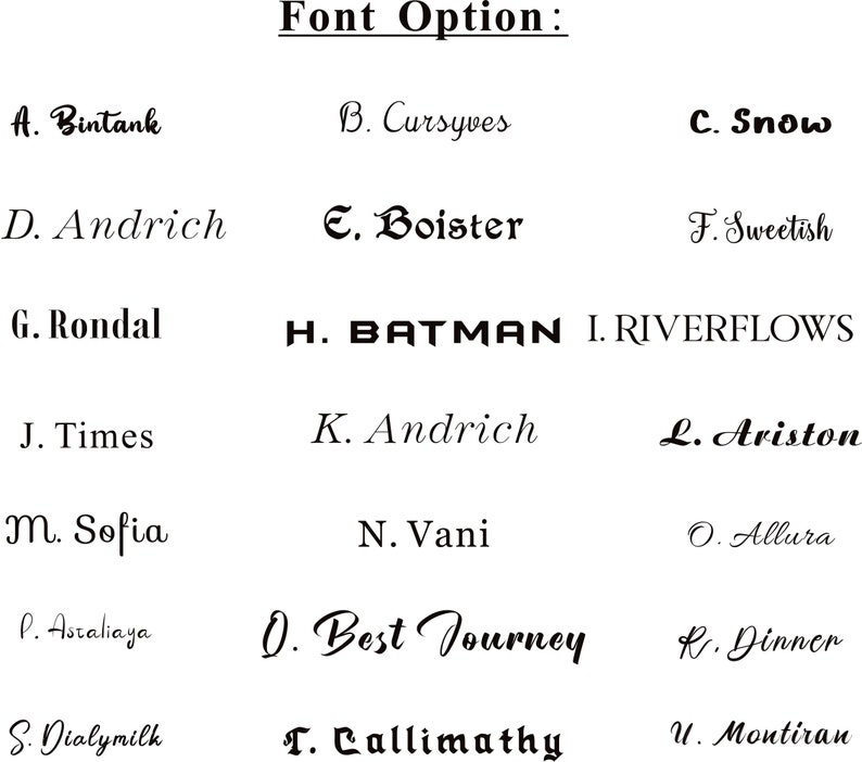 K&ouml;nnte beinhalten: Eine Liste von Schriftart-Optionen f&uuml;r ein Designprojekt. Die Schriftarten werden in alphabetischer Reihenfolge mit einem Buchstaben und einem Namen f&uuml;r jede Schriftart angezeigt.