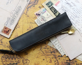 Personalized Leather Fountain Pen Case, Laser Engraved Leather Pen Cover, Zippered Leather Pencil Case