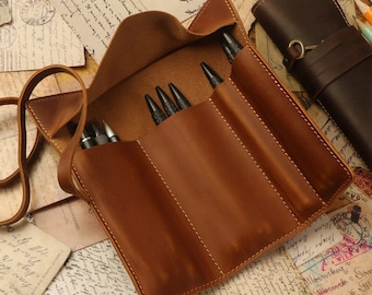 Personalized Leather Pen Roll Case: Full Grain Leather Pencil Pouch