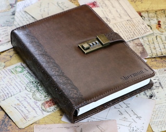 Journal codé avec monogramme, journal rechargeable avec pages lignées, journal intime en cuir avec cadenas, journal de voyage, cadeau d'anniversaire, cadeau pour fille