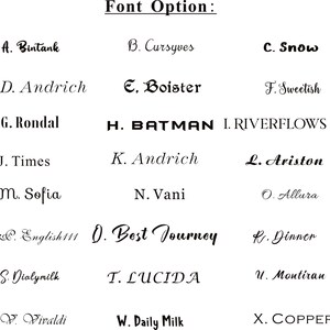 Op de afbeelding: Een lijst met verschillende lettertypen, gelabeld met de letters A tot en met X. Elk lettertype wordt weergegeven met een voorbeeldwoord of -zin.