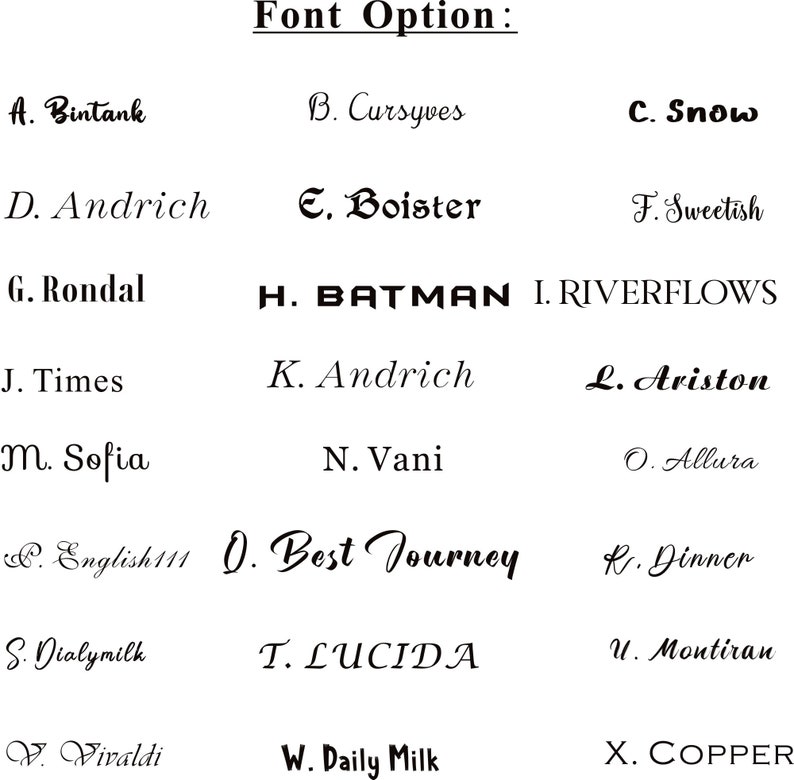 Op de afbeelding: Een lijst met verschillende lettertypen, gelabeld met de letters A tot en met X. Elk lettertype wordt weergegeven met een voorbeeldwoord of -zin.