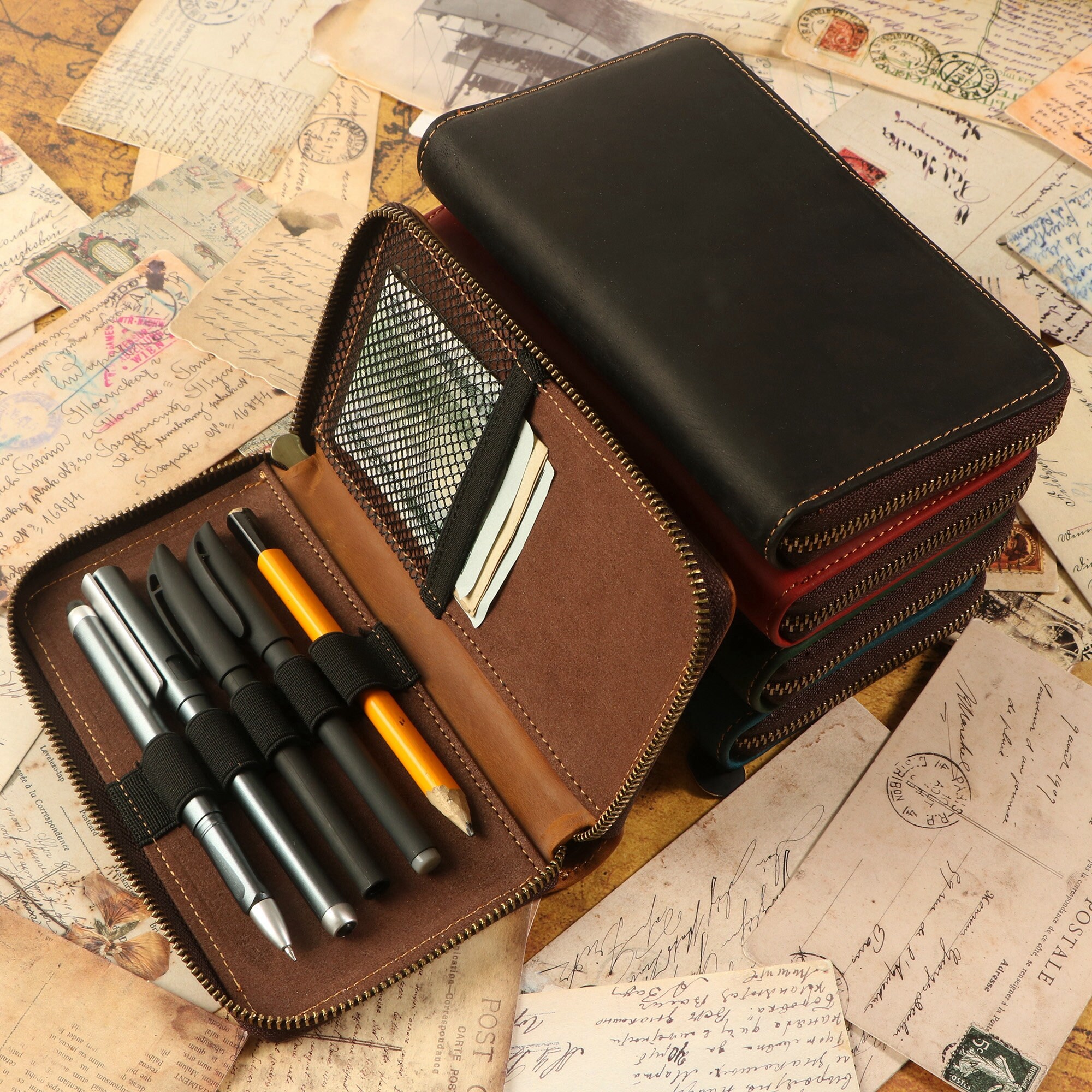 Personalized Leather Zipper Pen Case: Handmade Rustic Pencil