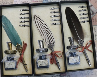 Feather Quill Pen Set: Vintage Ink, Stand & Nibs