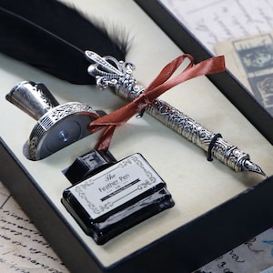 Penna d'oca con scatola regalo, penna per libro degli ospiti di nozze con supporto, penna stilografica, penna a piuma con inchiostro, supporto, set di penne a piuma, regalo di compleanno