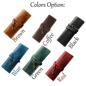 May include: Six leather pencil cases in different colors: brown, coffee, black, blue, green, and red. Each case has a keyhole detail and a strap.