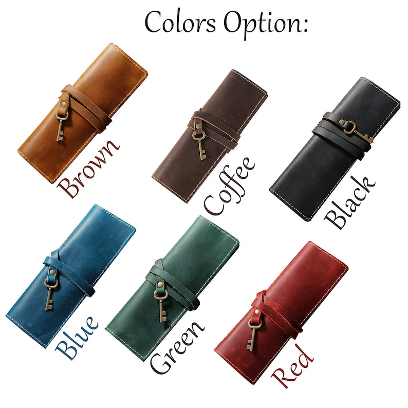 May include: Six leather pencil cases in different colors: brown, coffee, black, blue, green, and red. Each case has a keyhole detail and a strap.