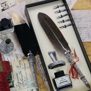 Vintage Feather Quill Pen Set: Embossed Holder, Ink & Stand