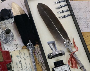 Vintage Feather Quill Pen Set: Embossed Holder, Ink & Stand