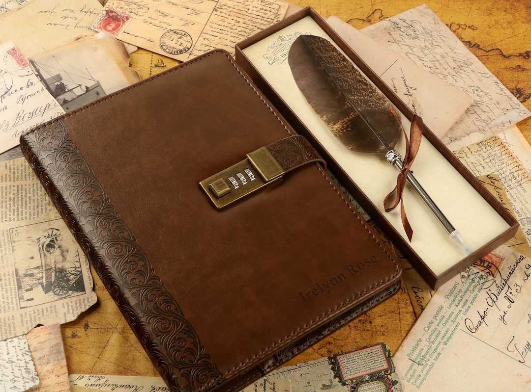 A5 Leather Journal With Pen, Laser Engraved Locking Journal, PU Leather Travel Notebook, Coded