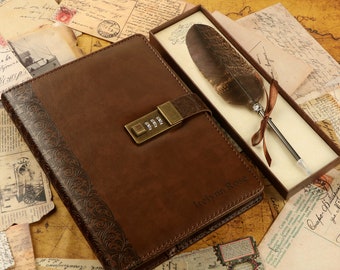 Journal A5 en cuir avec stylo, journal avec verrouillage gravé au laser, carnet de voyage en cuir PU, journal intime en cuir avec verrouillage codé, carnet A5 rechargeable