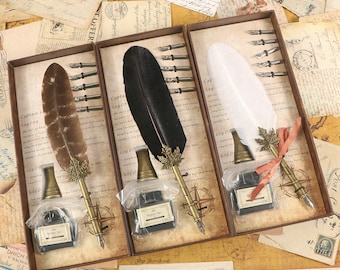 Juego de pluma de ave personalizada: pluma de inmersión vintage con tinta