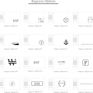 K&ouml;nnte beinhalten: Ein Raster mit 16 verschiedenen Gravuroptionen f&uuml;r ein personalisiertes Geschenk. Jede Option bietet ein einzigartiges Design, einschlie&szlig;lich Initialen, Namen, Symbolen und Daten. Die Optionen sind von 1 bis 16 nummeriert.