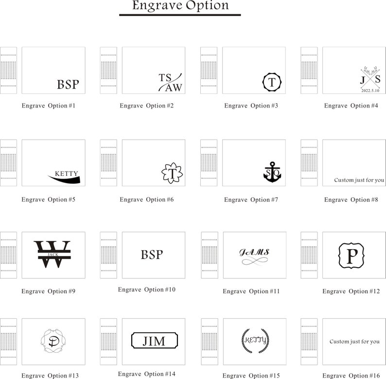 K&ouml;nnte beinhalten: Ein Raster mit 16 verschiedenen Gravuroptionen f&uuml;r ein personalisiertes Geschenk. Jede Option bietet ein einzigartiges Design, einschlie&szlig;lich Initialen, Namen, Symbolen und Daten. Die Optionen sind von 1 bis 16 nummeriert.