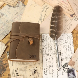 Pocket Journal with Feather Pen, Personalized Leather Journal, Gift for Artist