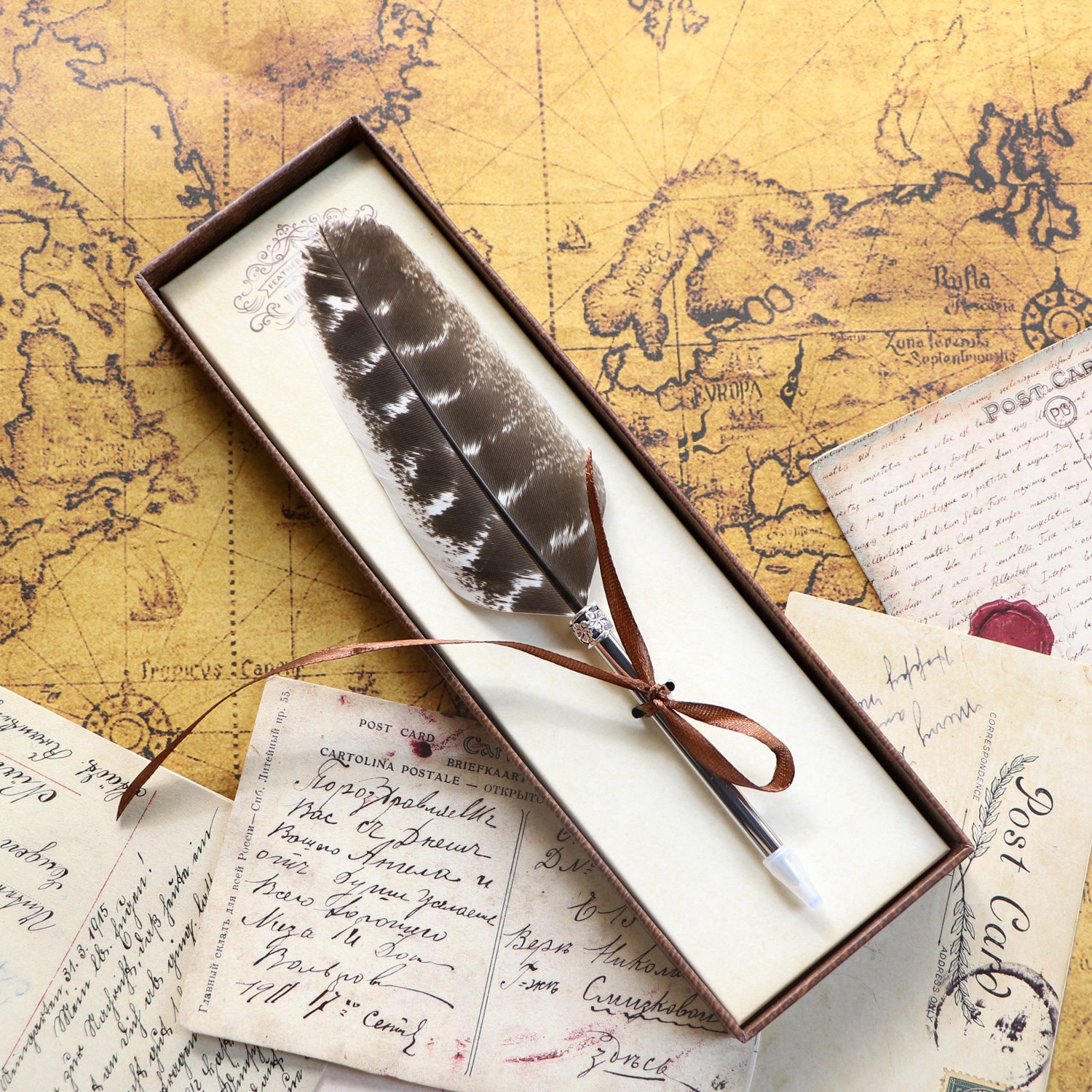 Trustela's Quill And Ink Wax Stamp Set - Wooden Pen, Feather Pen Antique,  Dip Pen Stand/Seal, Nibs, Wax, Spoon And Ink Well In A Gift Box